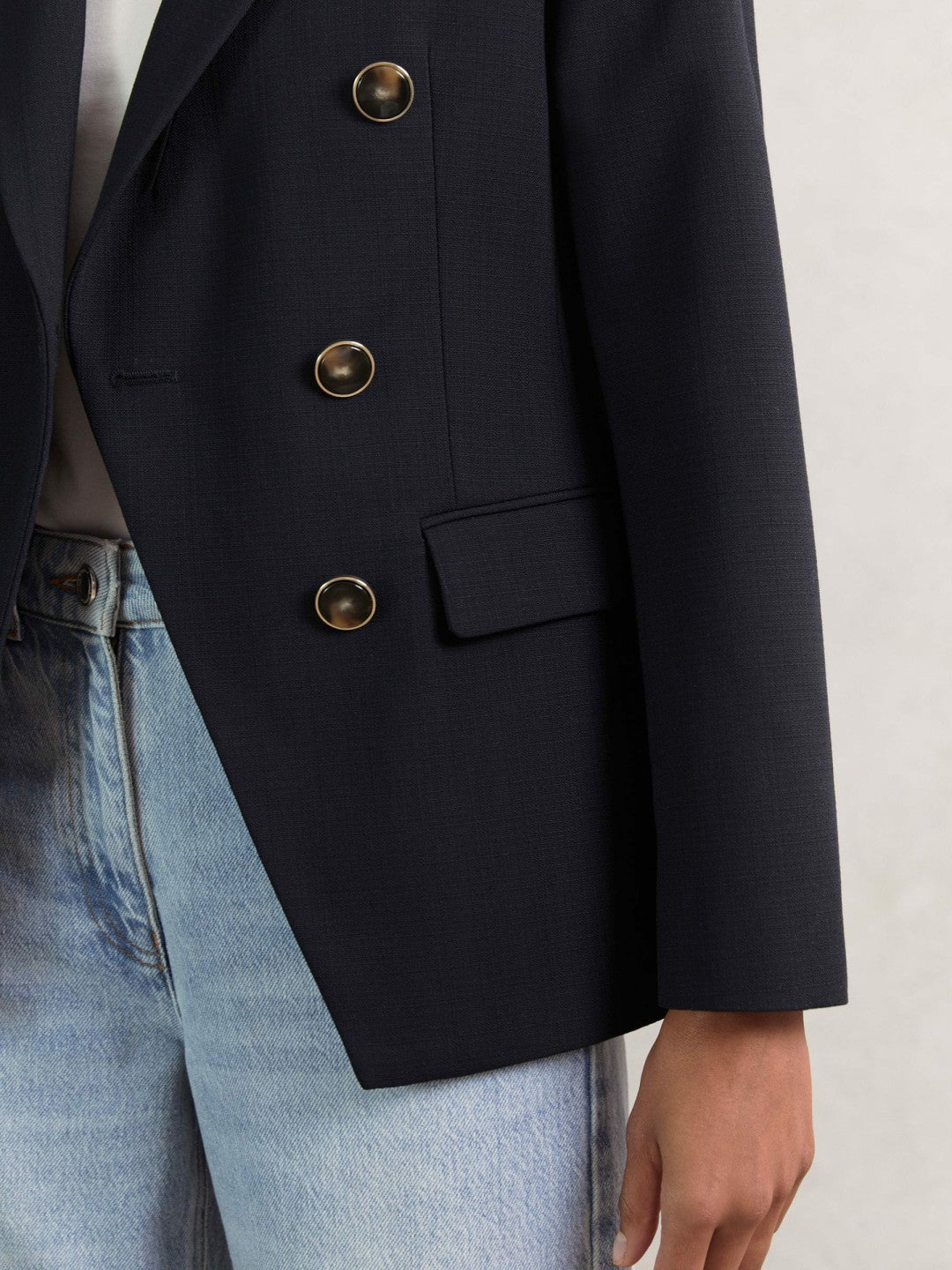 Women Petite Wool-Blend Double-Breasted Blazer in Navy