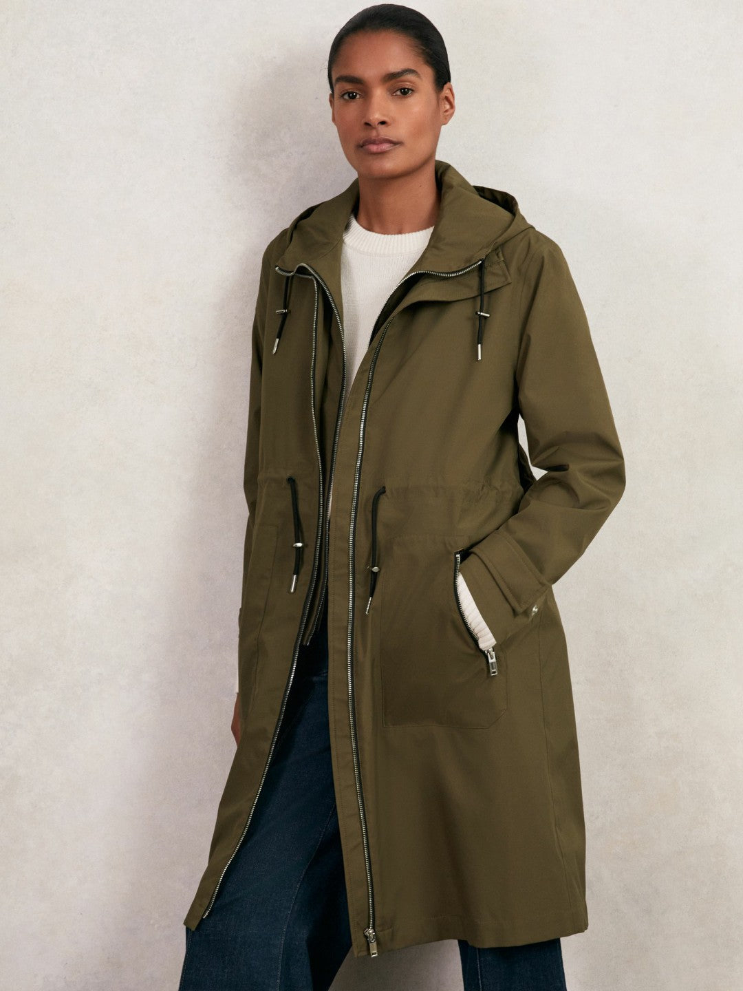 Women Petite Removable-Hood Parka Rain Coat in Khaki