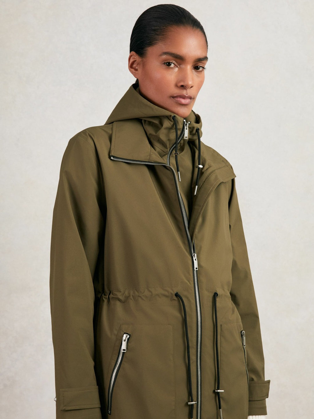 Women Petite Removable-Hood Parka Rain Coat in Khaki