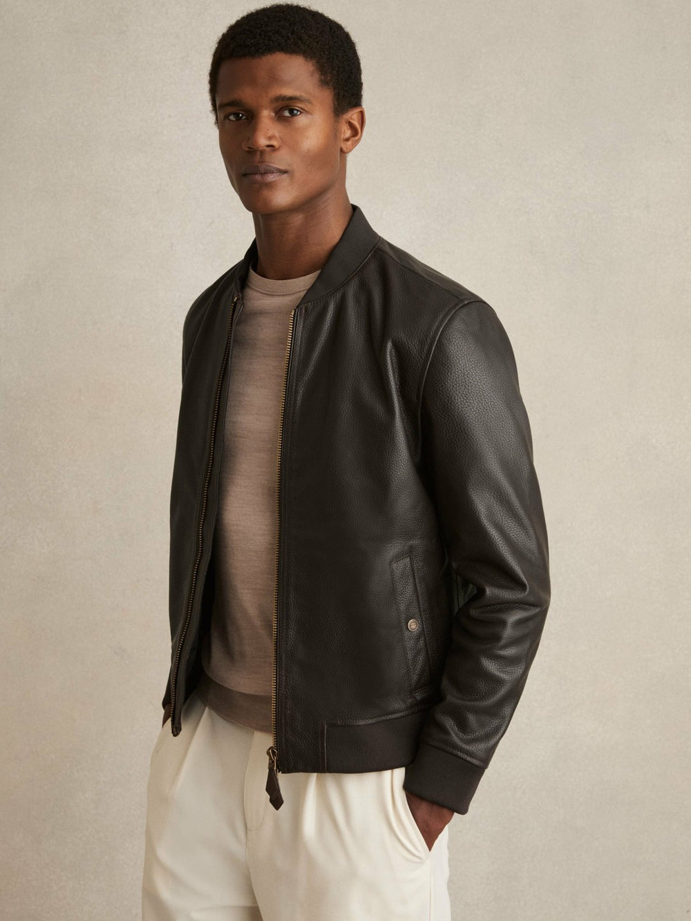Men Leather Bomber Jacket in Brown