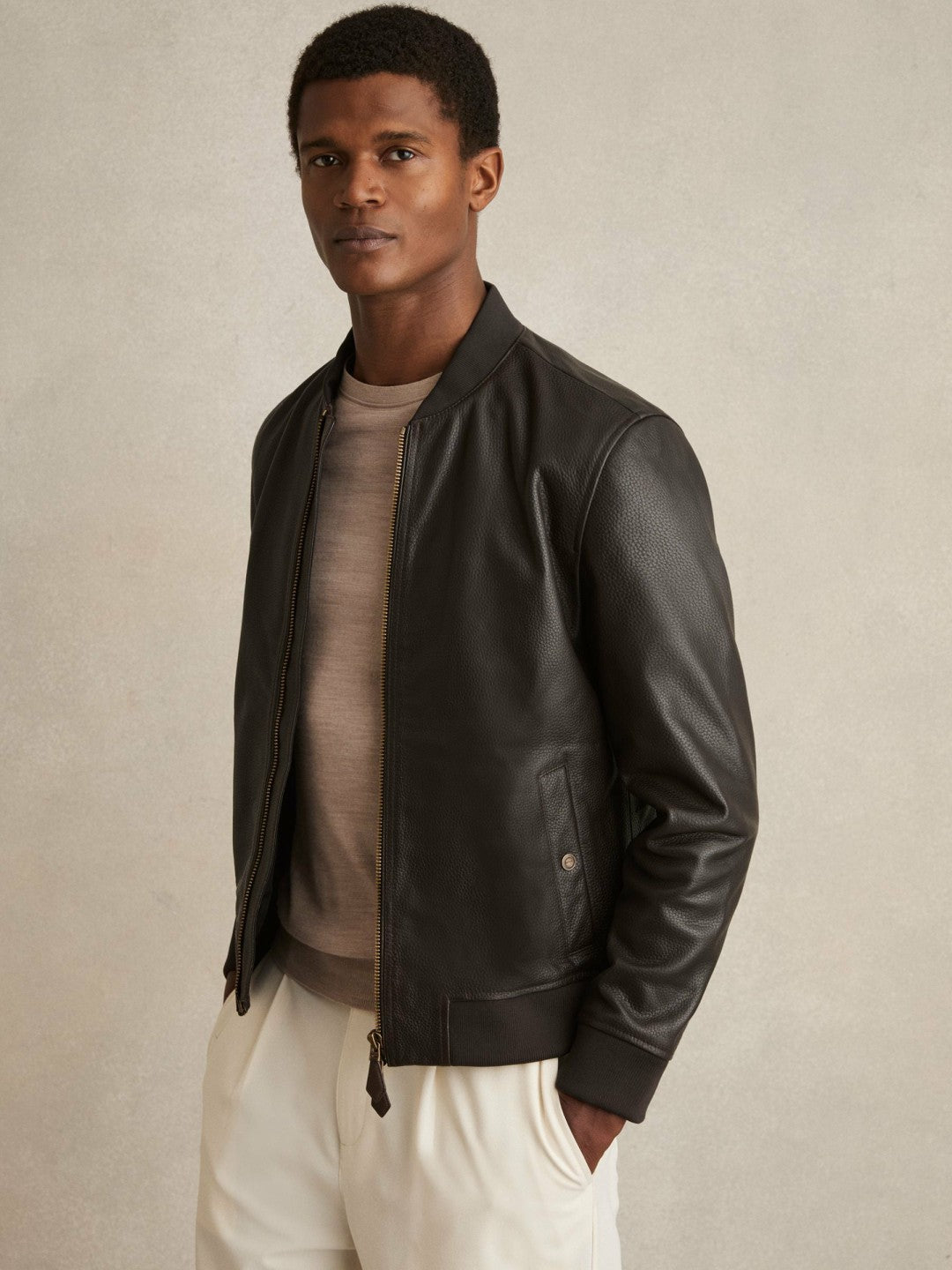 Men Leather Bomber Jacket in Brown