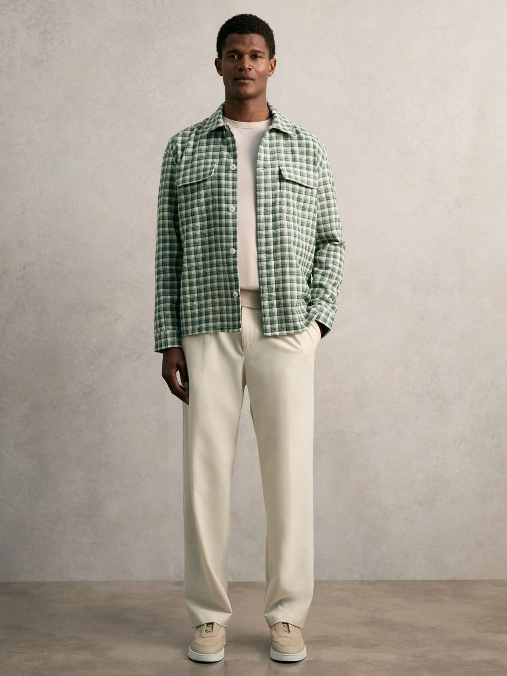 Men Woven Check Twin Pocket Overshirt in Green Multi