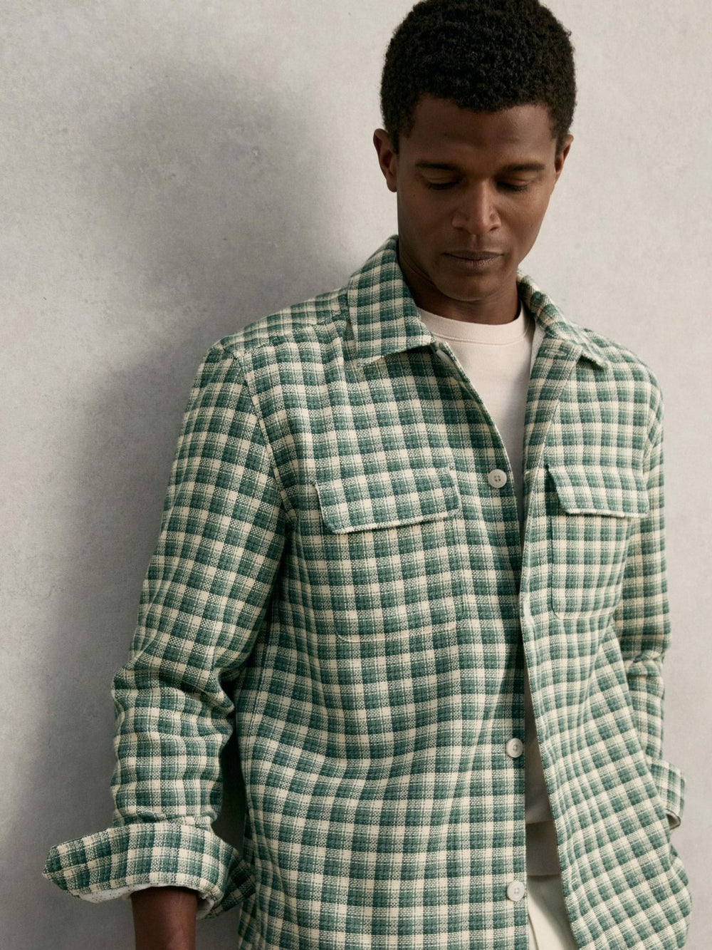 Men Woven Check Twin Pocket Overshirt in Green Multi
