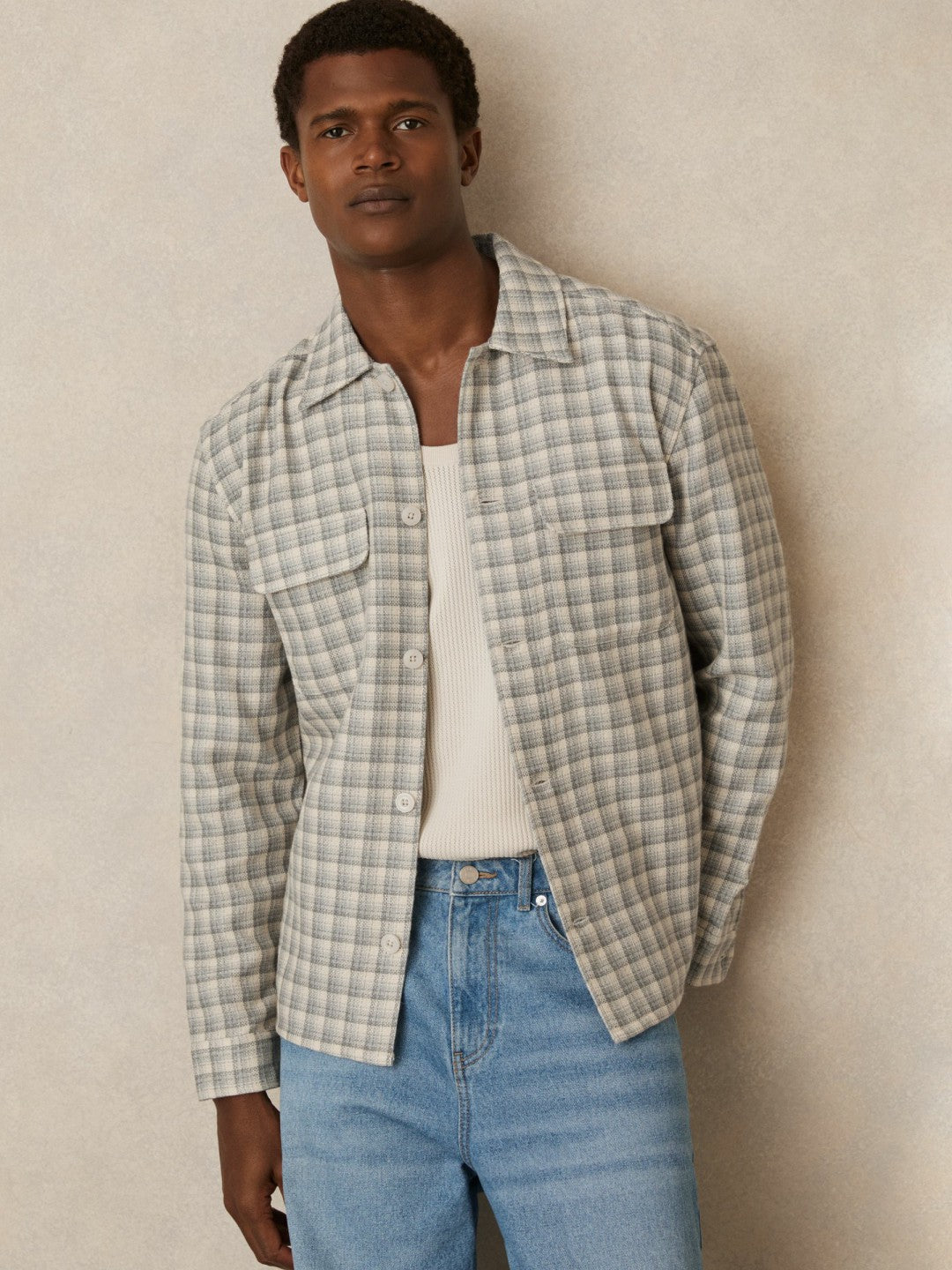Men Woven Check Twin Pocket Overshirt in Light Grey