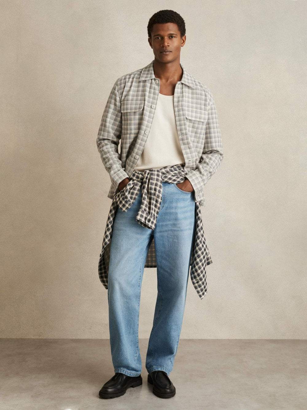 Men Woven Check Twin Pocket Overshirt in Light Grey