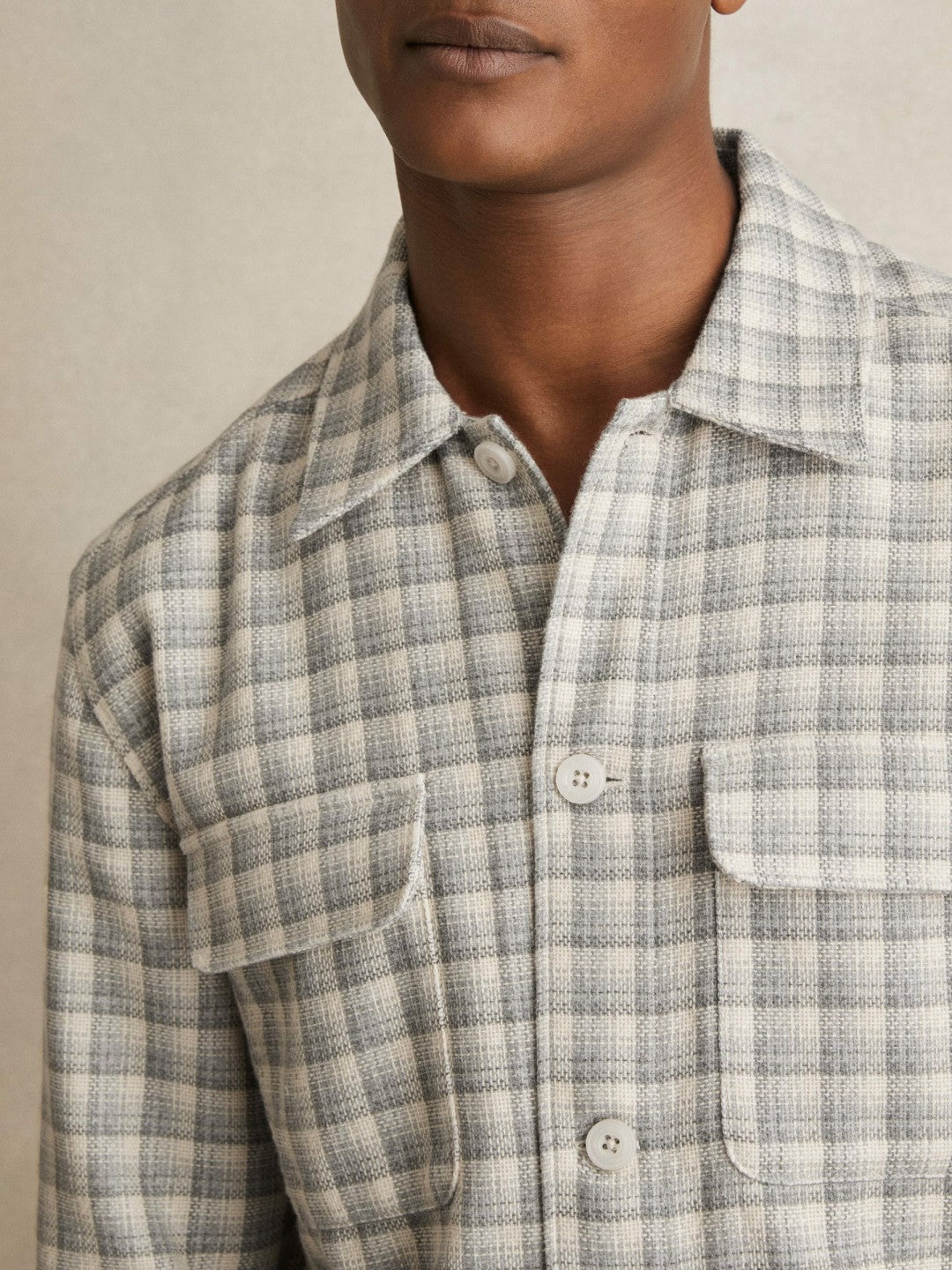 Men Woven Check Twin Pocket Overshirt in Light Grey
