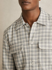 Men Woven Check Twin Pocket Overshirt in Light Grey