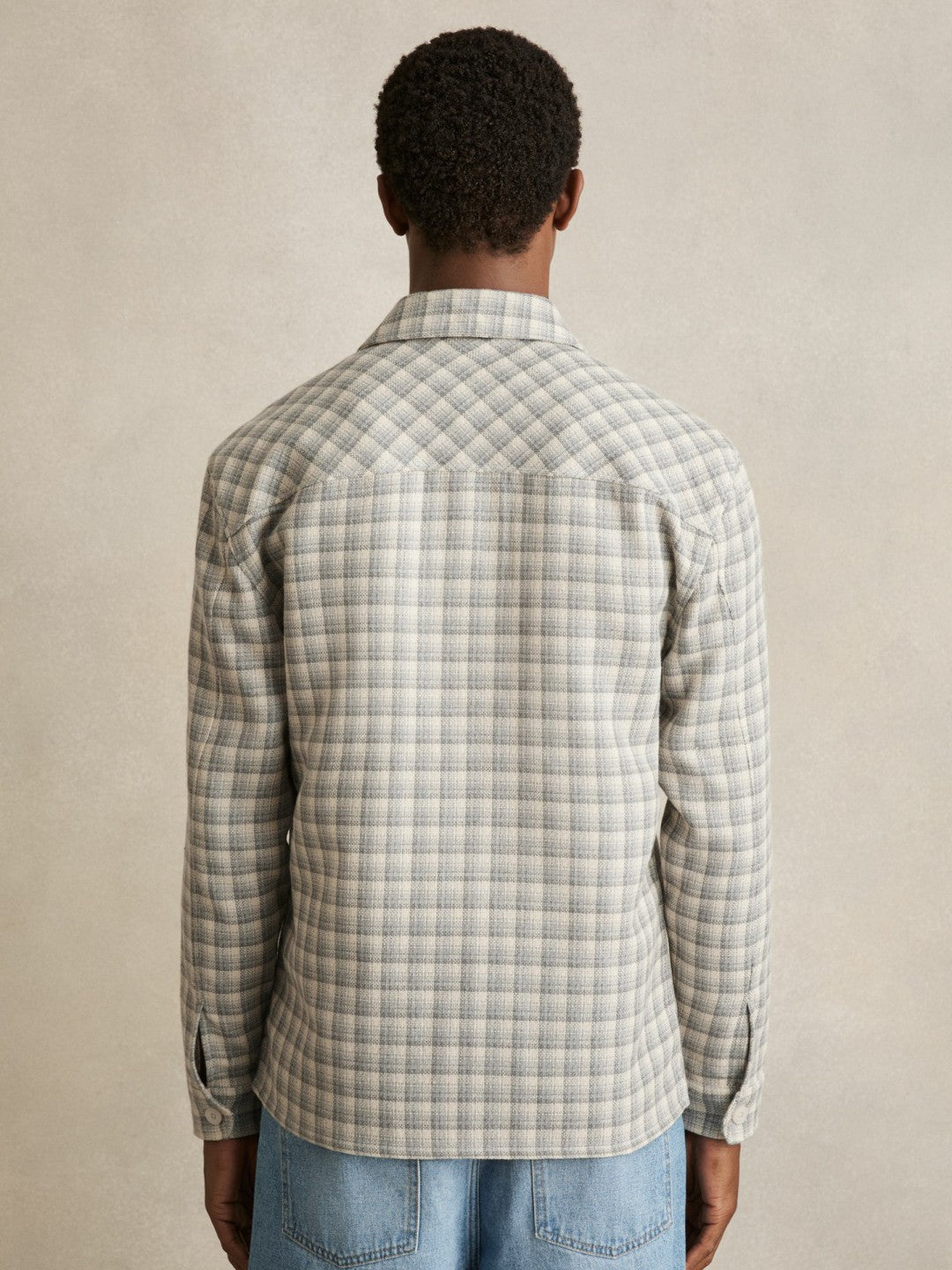 Men Woven Check Twin Pocket Overshirt in Light Grey