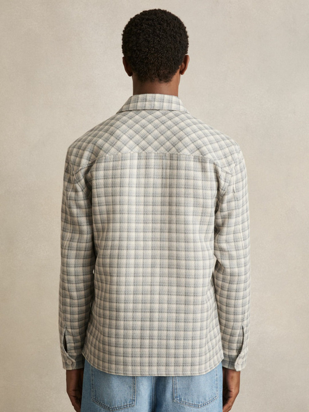 Men Woven Check Twin Pocket Overshirt in Light Grey