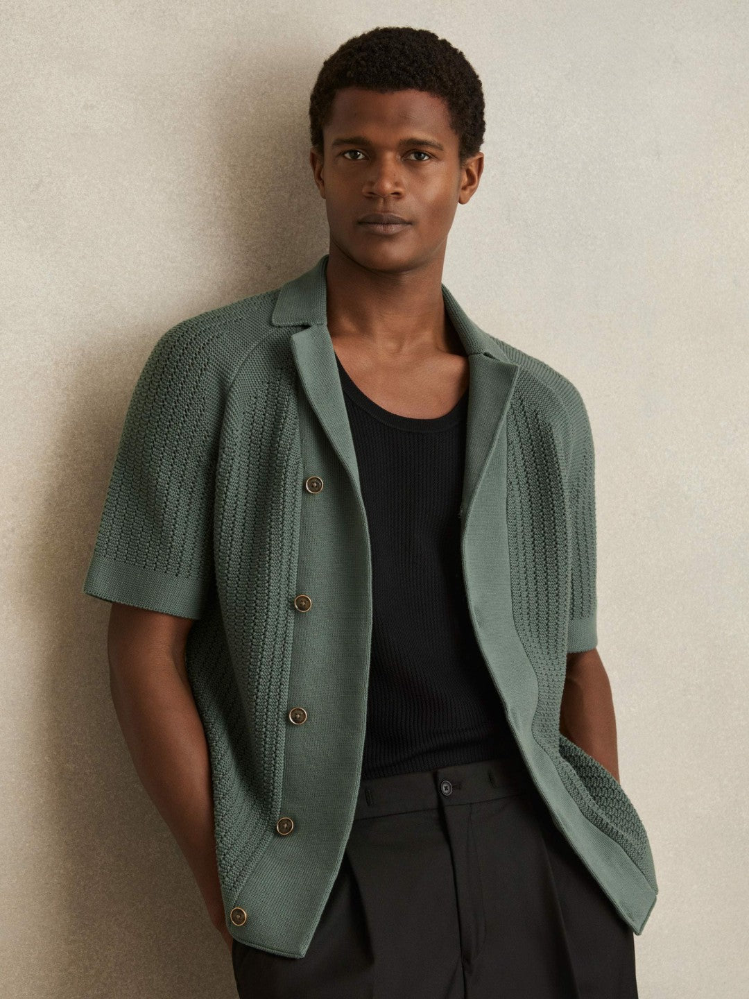 Men Cotton Textured-Knit Cuban-Collar Shirt in Pine Green