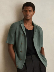Men Cotton Textured-Knit Cuban-Collar Shirt in Pine Green