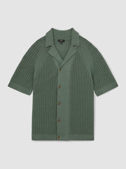 Men Cotton Textured-Knit Cuban-Collar Shirt in Pine Green
