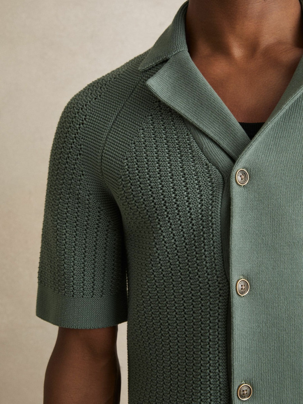 Men Cotton Textured-Knit Cuban-Collar Shirt in Pine Green