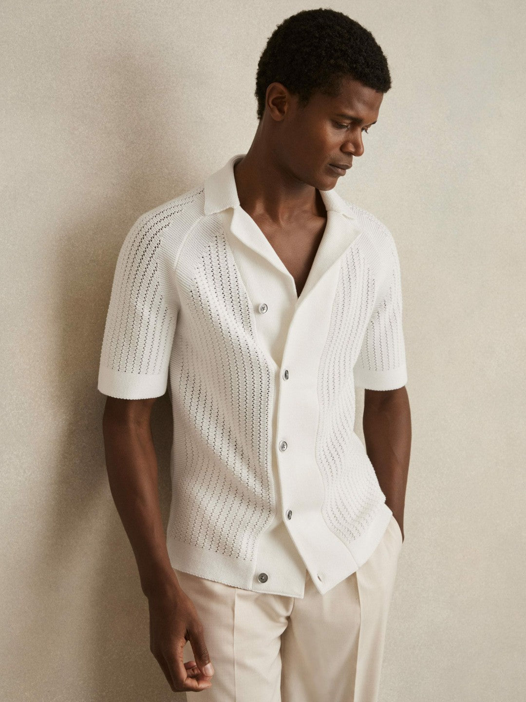 Men Cotton Textured-Knit Cuban-Collar Shirt in White