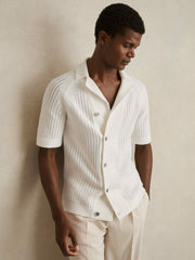 Men Cotton Textured-Knit Cuban-Collar Shirt in White
