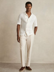 Men Cotton Textured-Knit Cuban-Collar Shirt in White