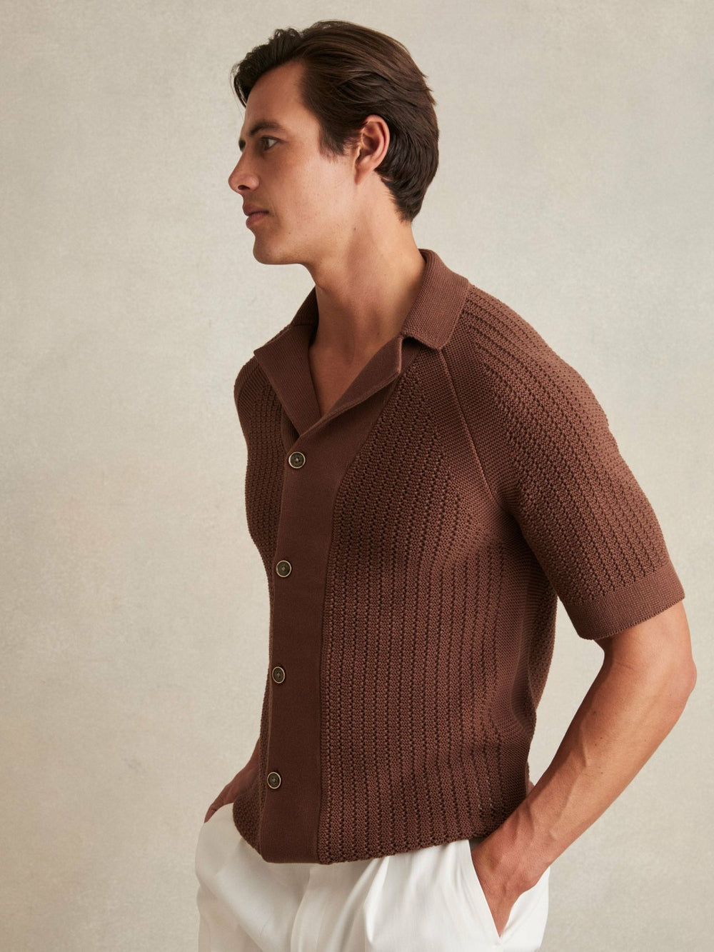 Men Cotton Textured-Knit Cuban-Collar Shirt in Tobacco Brown