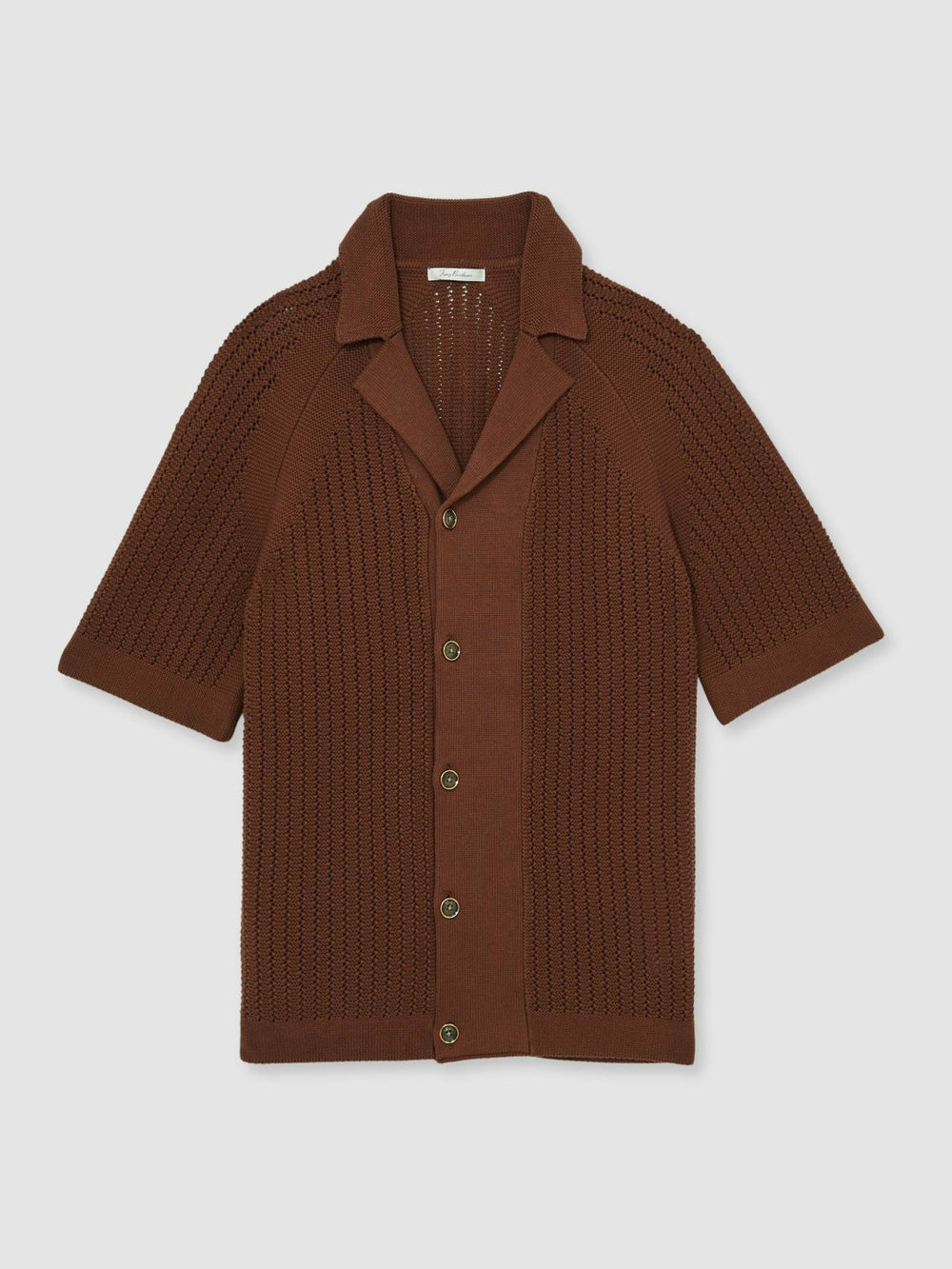 Men Cotton Textured-Knit Cuban-Collar Shirt in Tobacco Brown