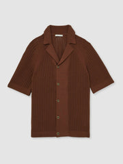 Men Cotton Textured-Knit Cuban-Collar Shirt in Tobacco Brown