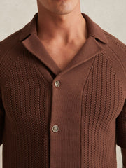 Men Cotton Textured-Knit Cuban-Collar Shirt in Tobacco Brown