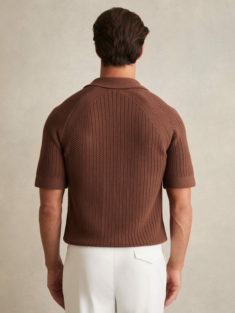 Men Cotton Textured-Knit Cuban-Collar Shirt in Tobacco Brown
