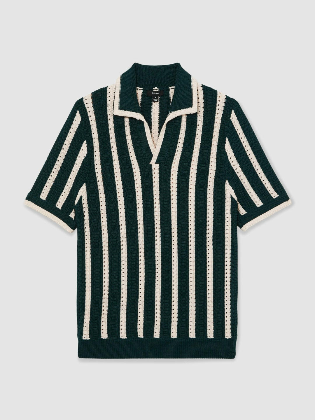 Men Cotton Blend Stripe Knit Polo Shirt in Dark Teal Green/Ecru
