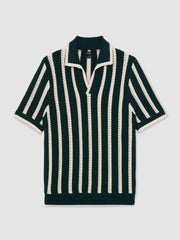 Men Cotton Blend Stripe Knit Polo Shirt in Dark Teal Green/Ecru