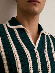 Men Cotton Blend Stripe Knit Polo Shirt in Dark Teal Green/Ecru