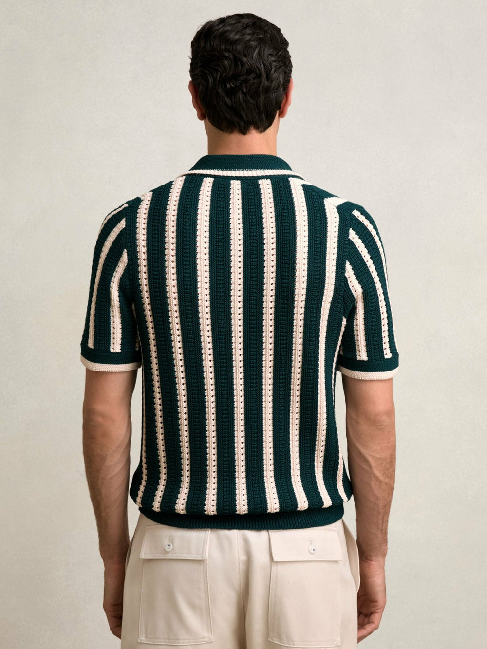 Men Cotton Blend Stripe Knit Polo Shirt in Dark Teal Green/Ecru
