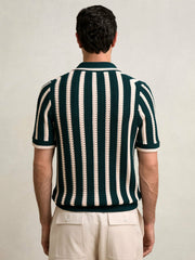 Men Cotton Blend Stripe Knit Polo Shirt in Dark Teal Green/Ecru