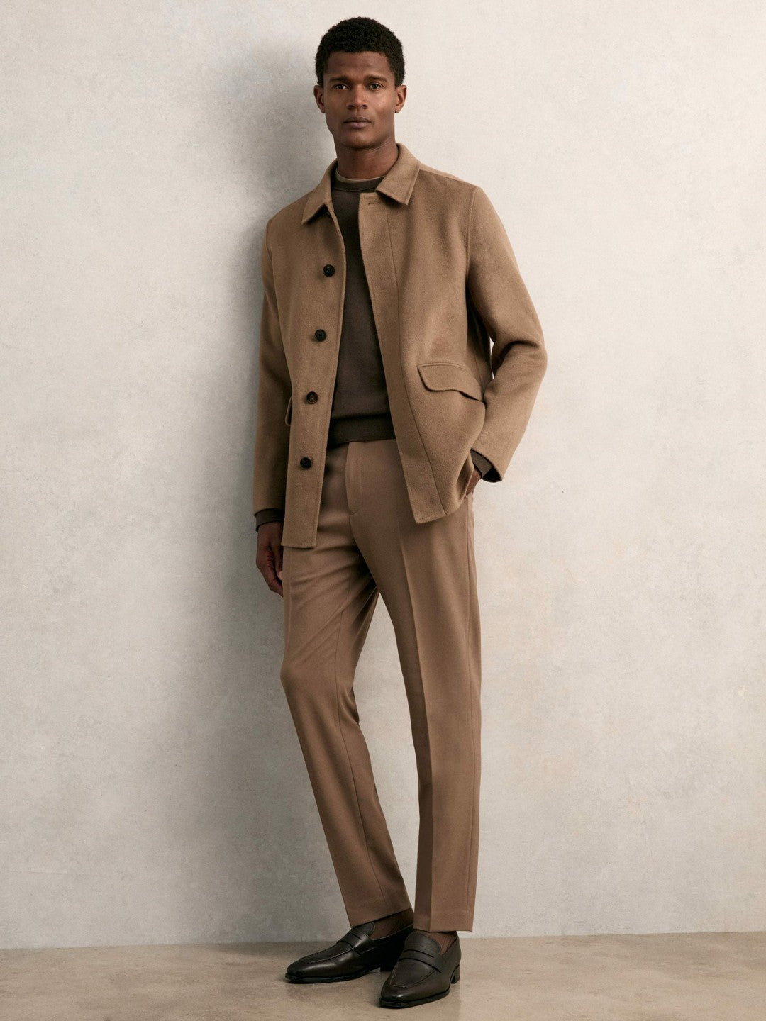 Men Wool Blend Double Face Button Jacket in Brown