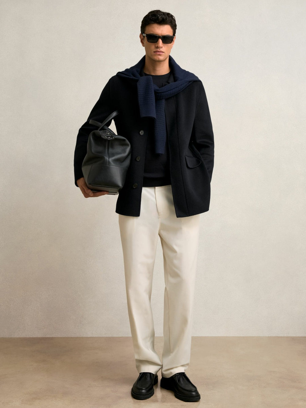 Men Wool Blend Double Face Button Jacket in Navy