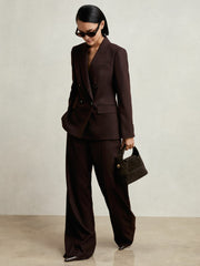 Women Petite Wool-Blend Double-Breasted Suit Blazer in Aubergine