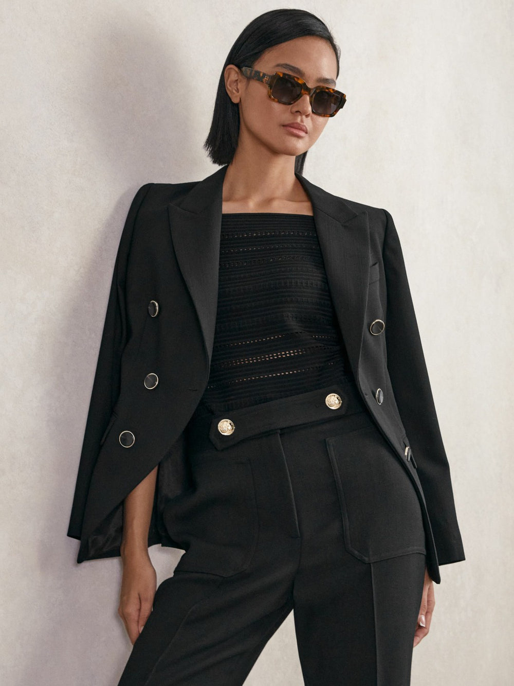 Women Petite Wool-Blend Double-Breasted Blazer in Black
