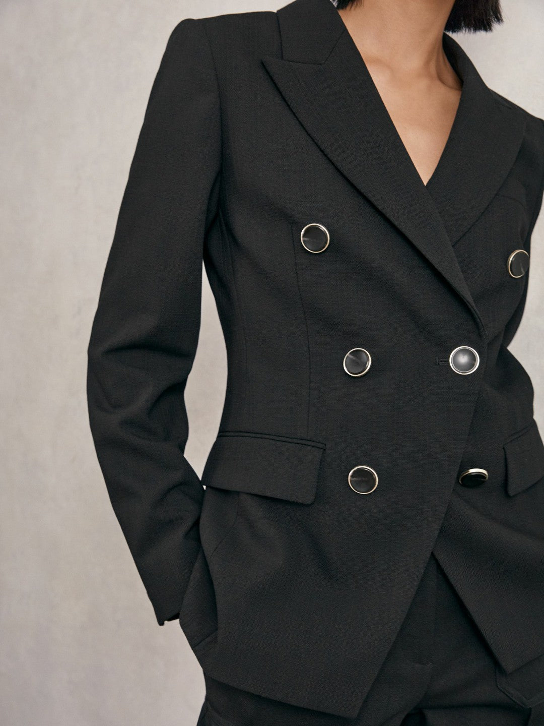 Women Petite Wool-Blend Double-Breasted Blazer in Black