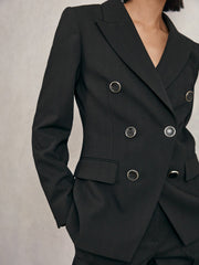Women Petite Wool-Blend Double-Breasted Blazer in Black