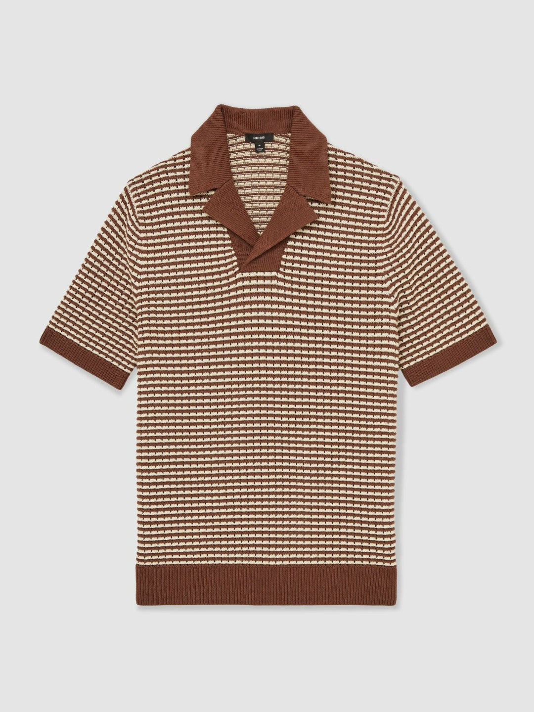 Men Cotton Textured Knit Stripe Polo Shirt in Tobacco Brown/ Off White