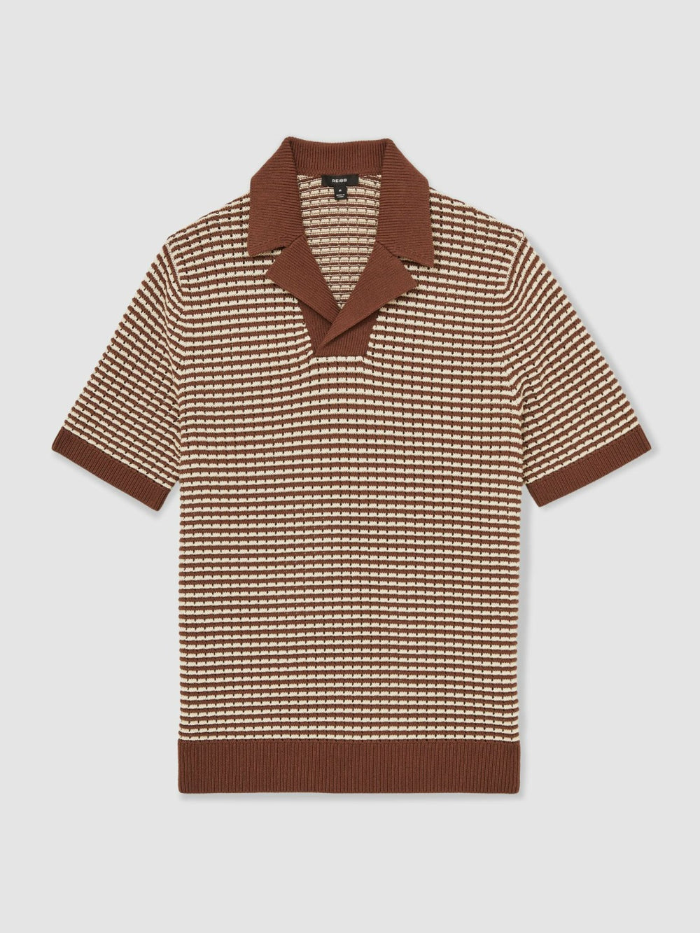 Men Cotton Textured Knit Stripe Polo Shirt in Tobacco Brown/ Off White