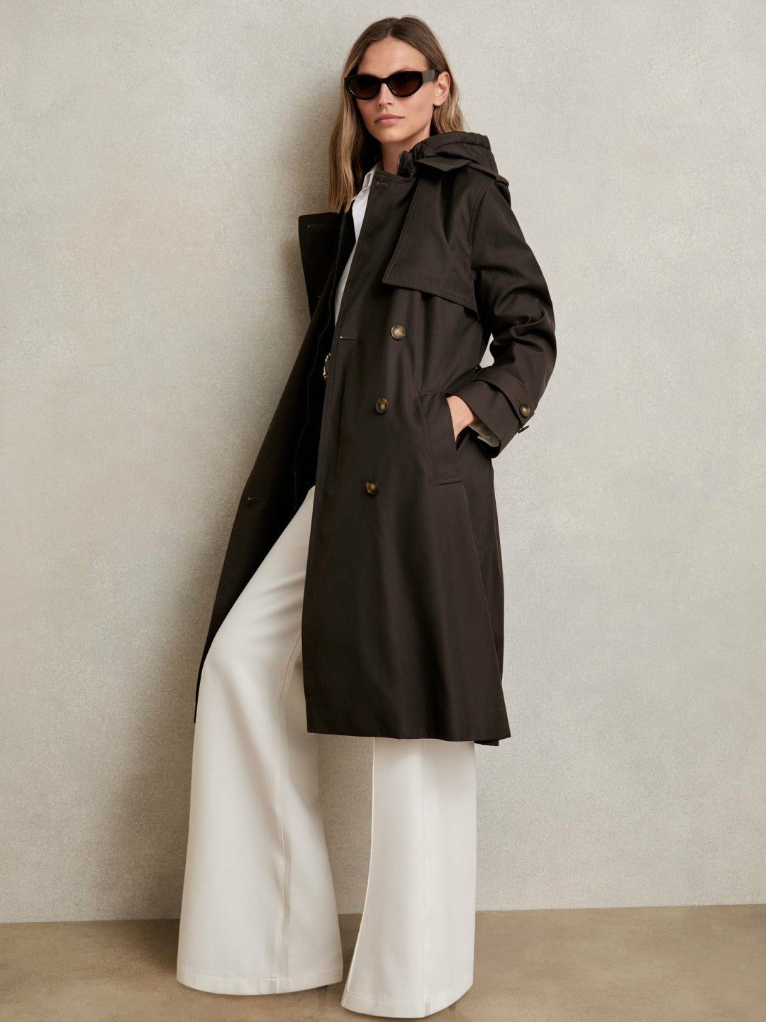 Women Hooded Insert Trench Coat in Chocolate Brown
