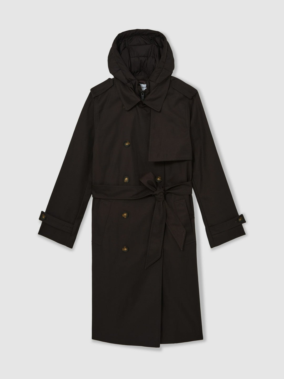 Women Hooded Insert Trench Coat in Chocolate Brown