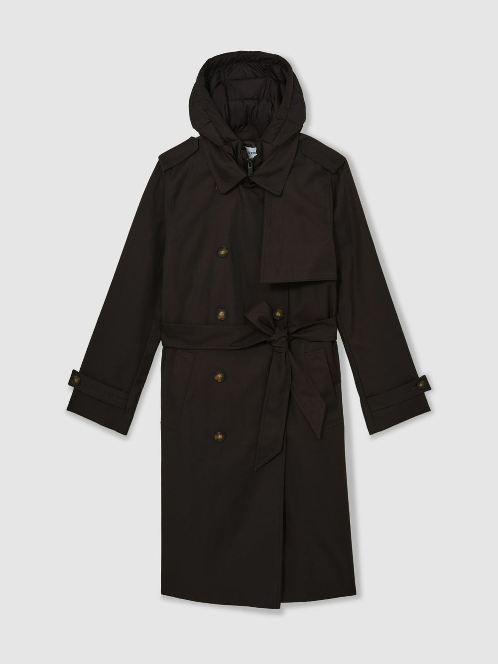 Women Hooded Insert Trench Coat in Chocolate Brown