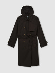 Women Hooded Insert Trench Coat in Chocolate Brown