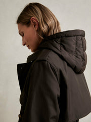 Women Hooded Insert Trench Coat in Chocolate Brown
