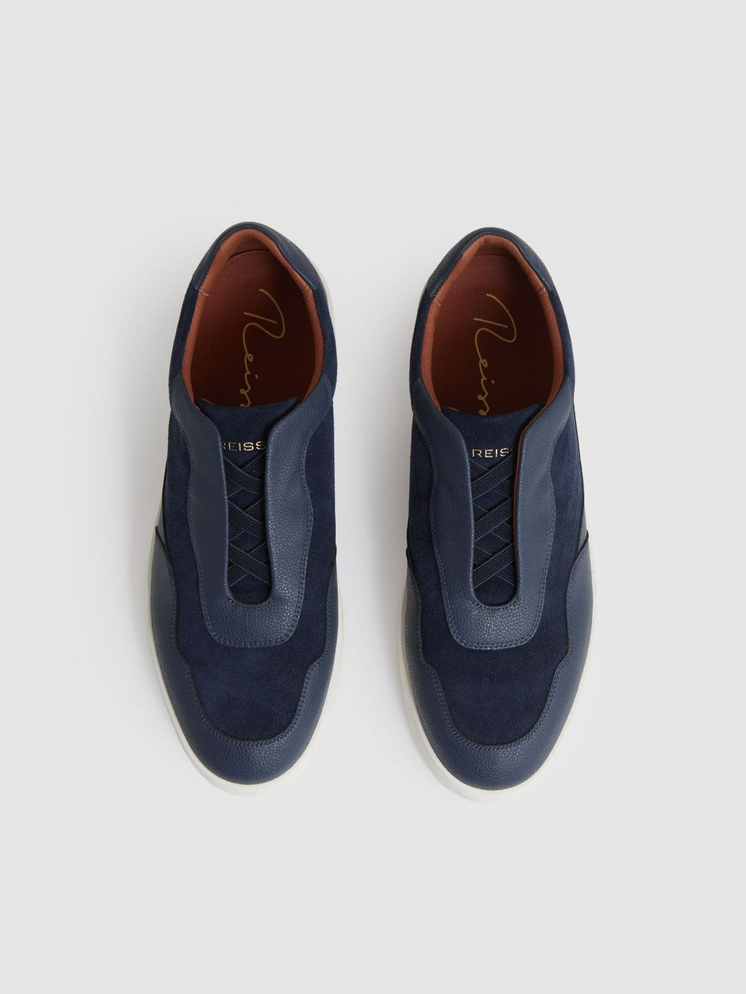 Men Leather Elasticated-Lace Trainers in Navy Blue