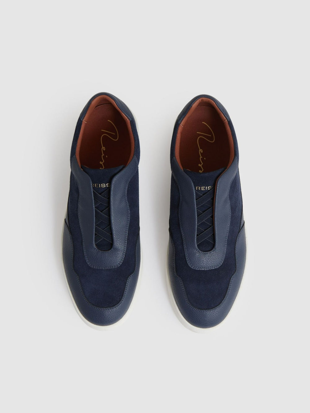 Men Leather Elasticated-Lace Trainers in Navy Blue