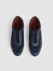 Men Leather Elasticated-Lace Trainers in Navy Blue