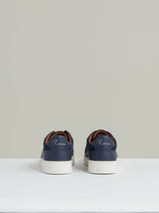Men Leather Elasticated-Lace Trainers in Navy Blue