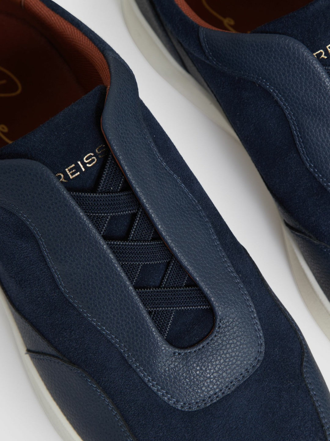 Men Leather Elasticated-Lace Trainers in Navy Blue