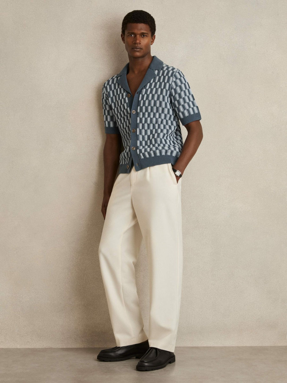 Men Cotton Checkerboard-Knit Shirt in Airforce Blue/Soft Blue