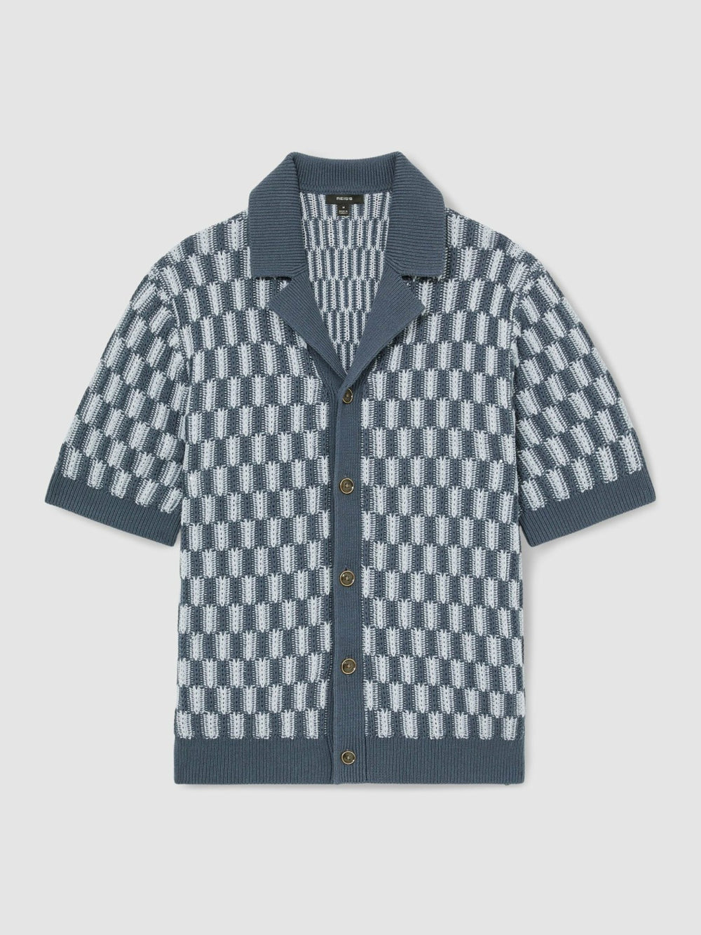 Men Cotton Checkerboard-Knit Shirt in Airforce Blue/Soft Blue